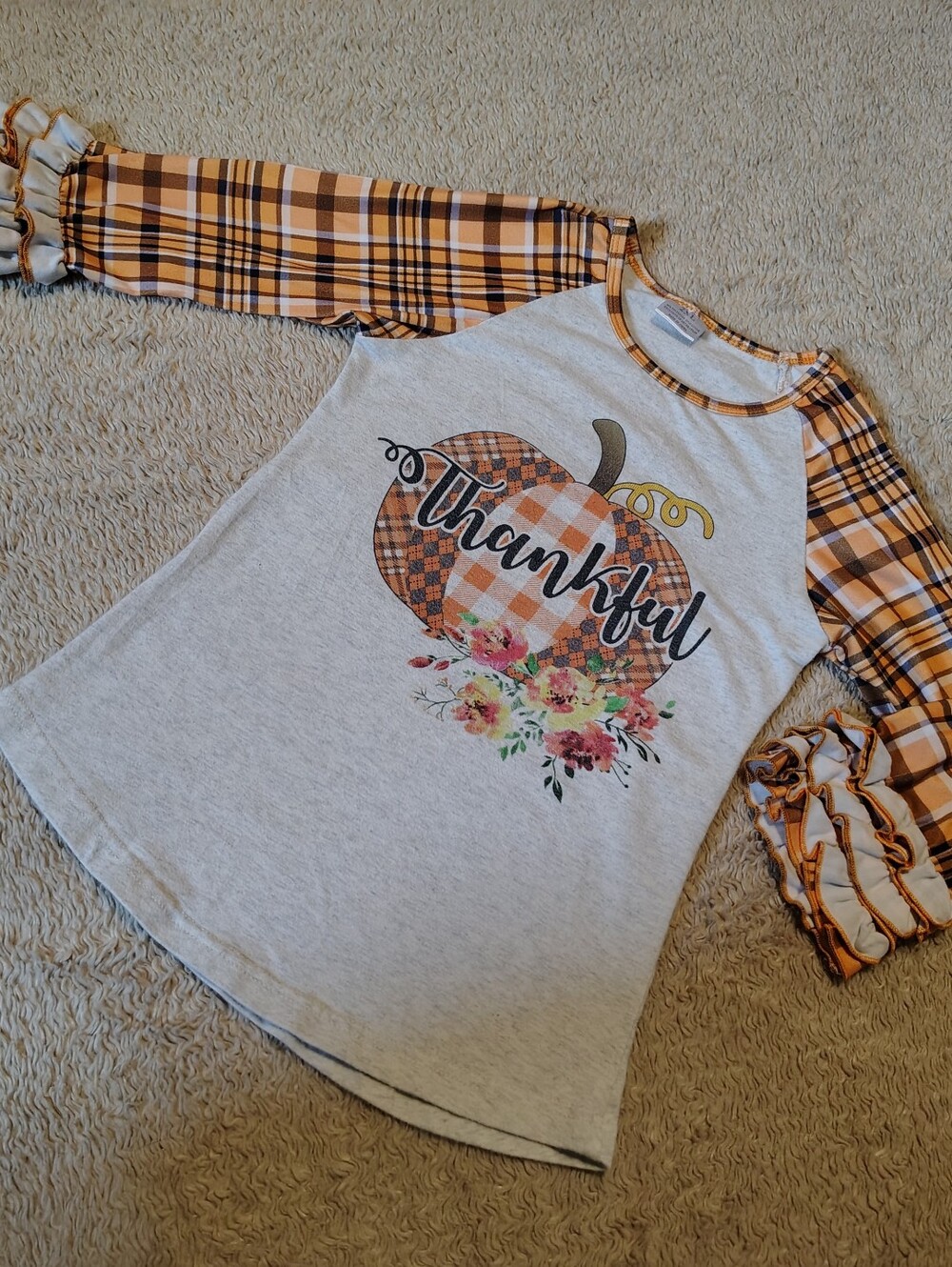 Boutique Girls' Fall Thanksgiving Pumpkin Thankful Ruffle Plaid Sleeve Top Sz 6